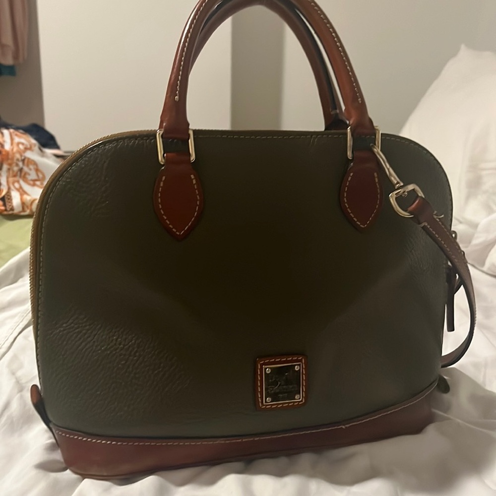 Olive green and brown Dooney & Burke Leather bag. Minimal ware and rare.